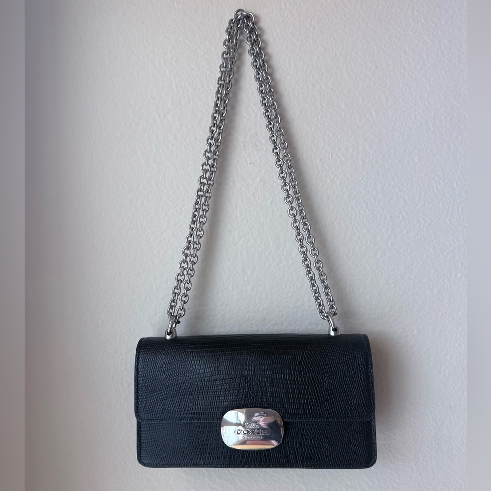 Coach Black Leather Lizard-Embossed Eliza Flap Bag